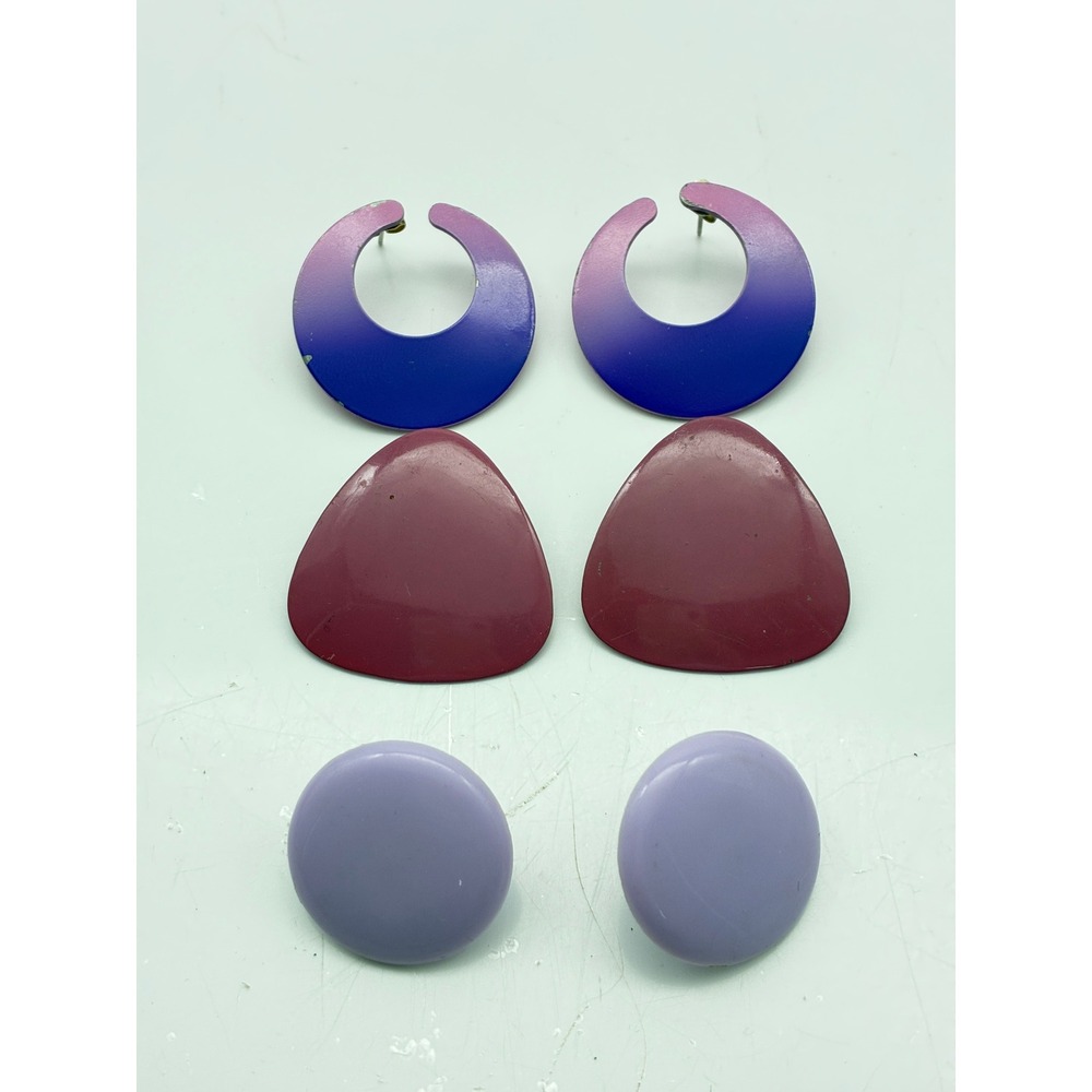 Vintage 80s Retro Purple Pink Ombre Geometric Stud Earring Lot of 3